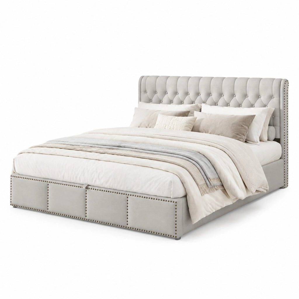 Letto imbottito in lino 180x200 cm con contenitore, stile minimalista europeo, grigio, senza materasso