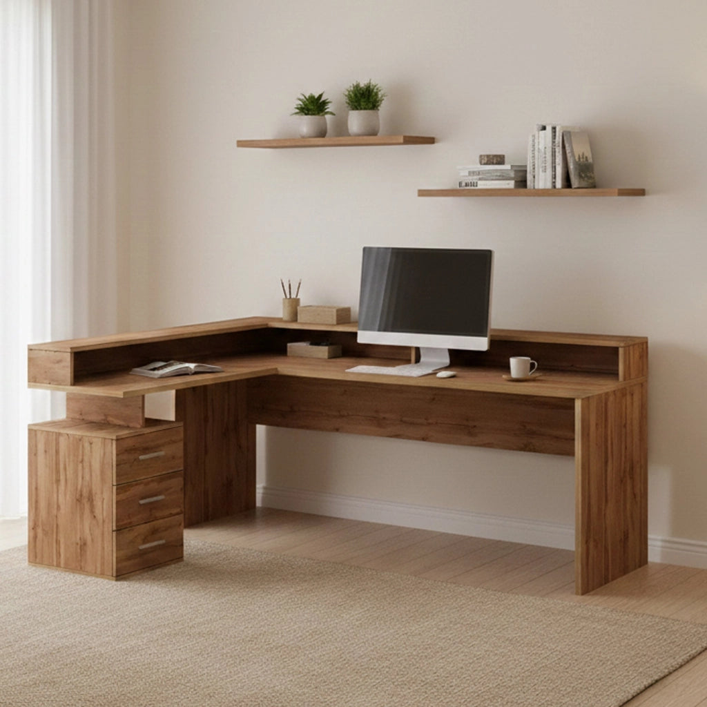 Scrivania Leonilda, Scrittoio angolare con sopralzo, Scrivania ufficio multiuso, 180x90h160 cm, Rovere