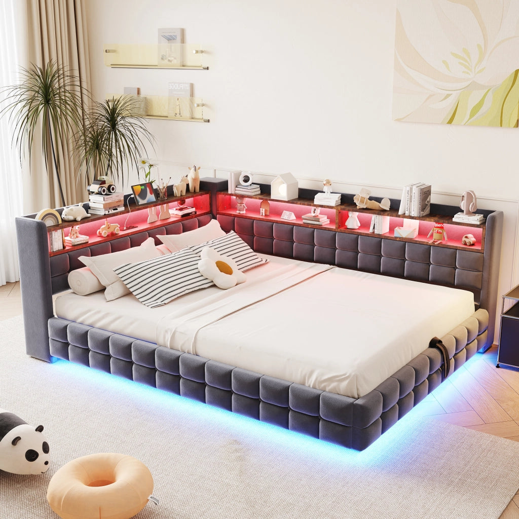 OKWISH Letto con Contenitore 140×200 cm, Letto Matrimoniale con LED, USB, Tipo C e Mensole, senza Materasso, Imbottito, Grigio