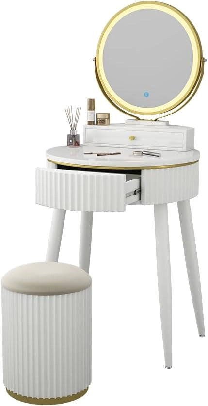 Tavolo da toilette Gesa, Bianco, 60 cm con specchio a LED in 3 tonalità di bianco, dimmerabile, inclusa panca e controllo touch per illuminazione LED