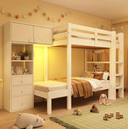 Letto a castello sfalsato 90x200 cm con luce LED e sensore di movimento; armadio; cassetti e scaffali; bianco