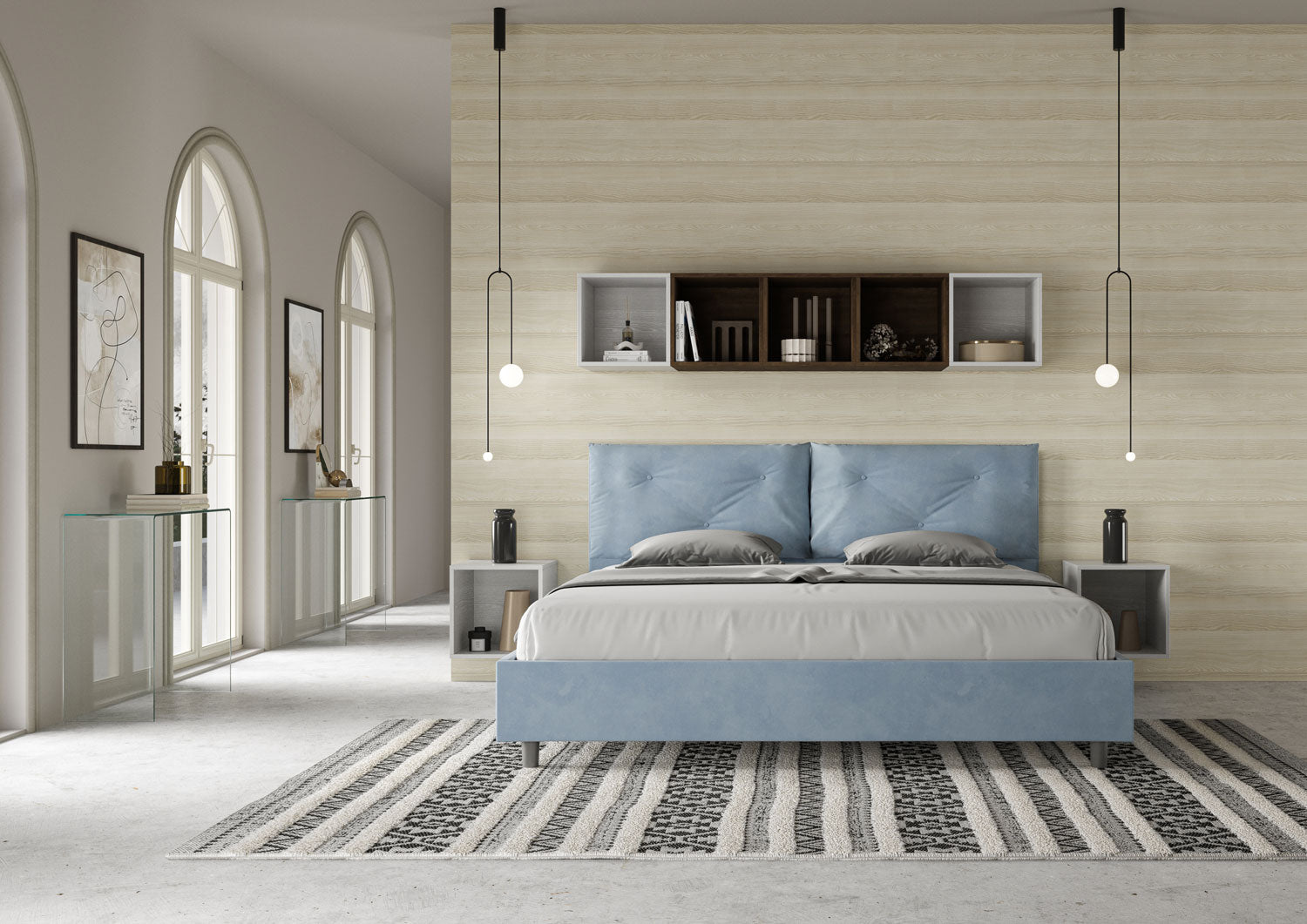 Letto Matrimoniale King Size 200x210 cm con Rete Imbottito in Microfibra Appia Large Azzurro