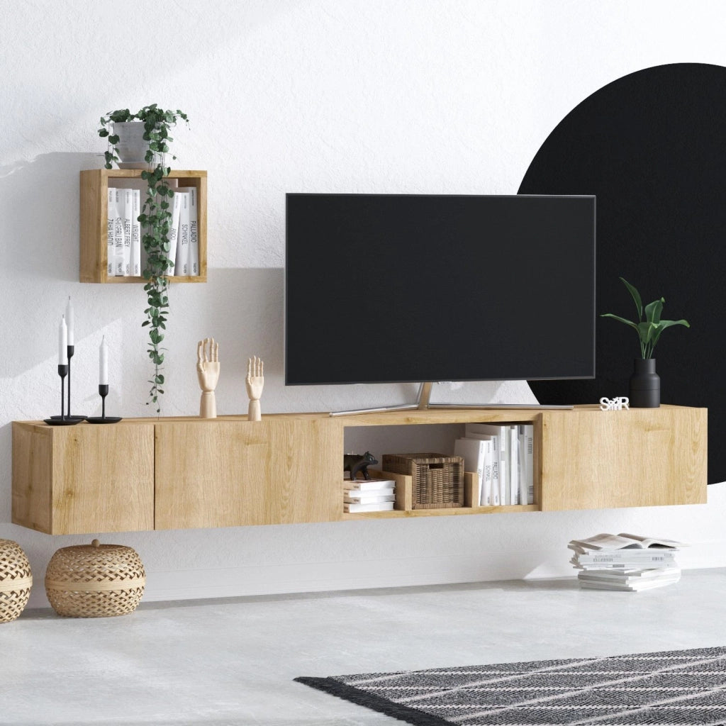 Porta TV in legno "Avior" con mensola a muro - 180 x 32 x 25 cm - Beige