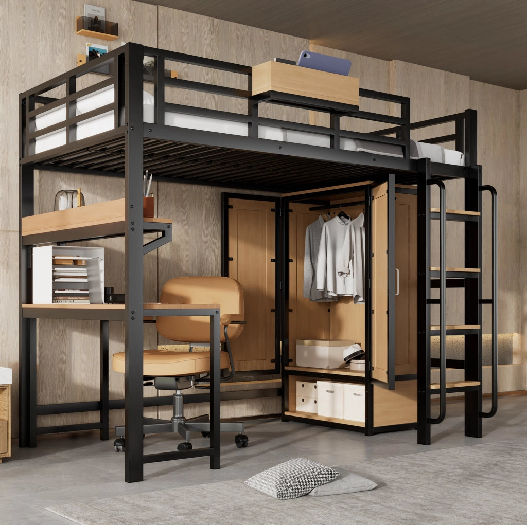 Letto a soppalco con armadio, scrivania e scaffale 90 x 200 cm