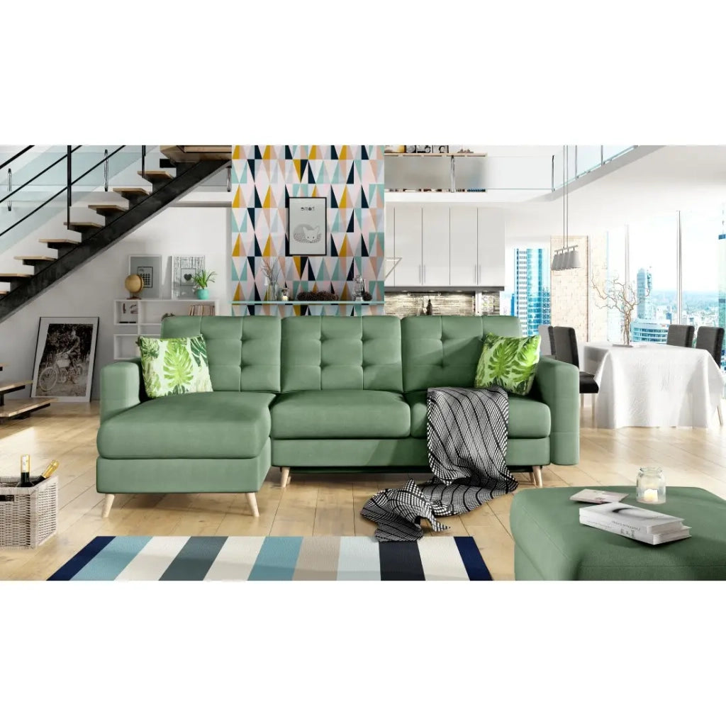 Divano angolare convertibile HASGARD 3 posti verde 248x162 cm - con vano contenitore e piedi in legno