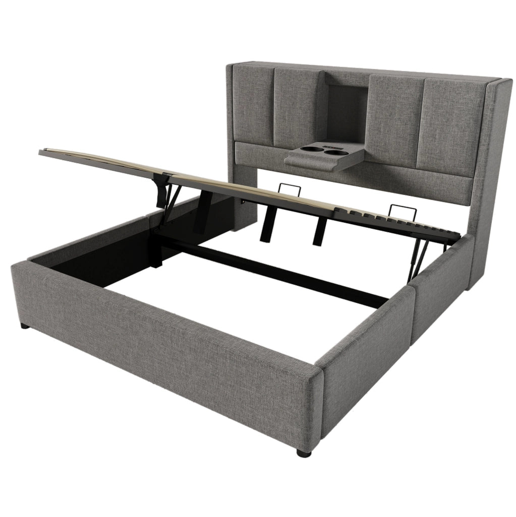 Letto matrimoniale imbottito 140x200 cm in lino grigio con contenitore; USB e portabicchieri