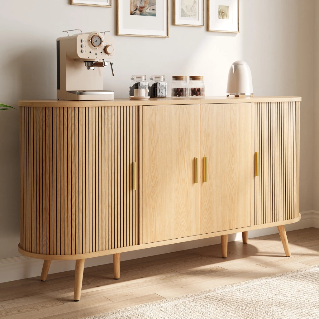 Credenza, mobile per l'ingresso, ante scorrevoli, maniglie in metallo, finitura effetto legno, colore legno naturale