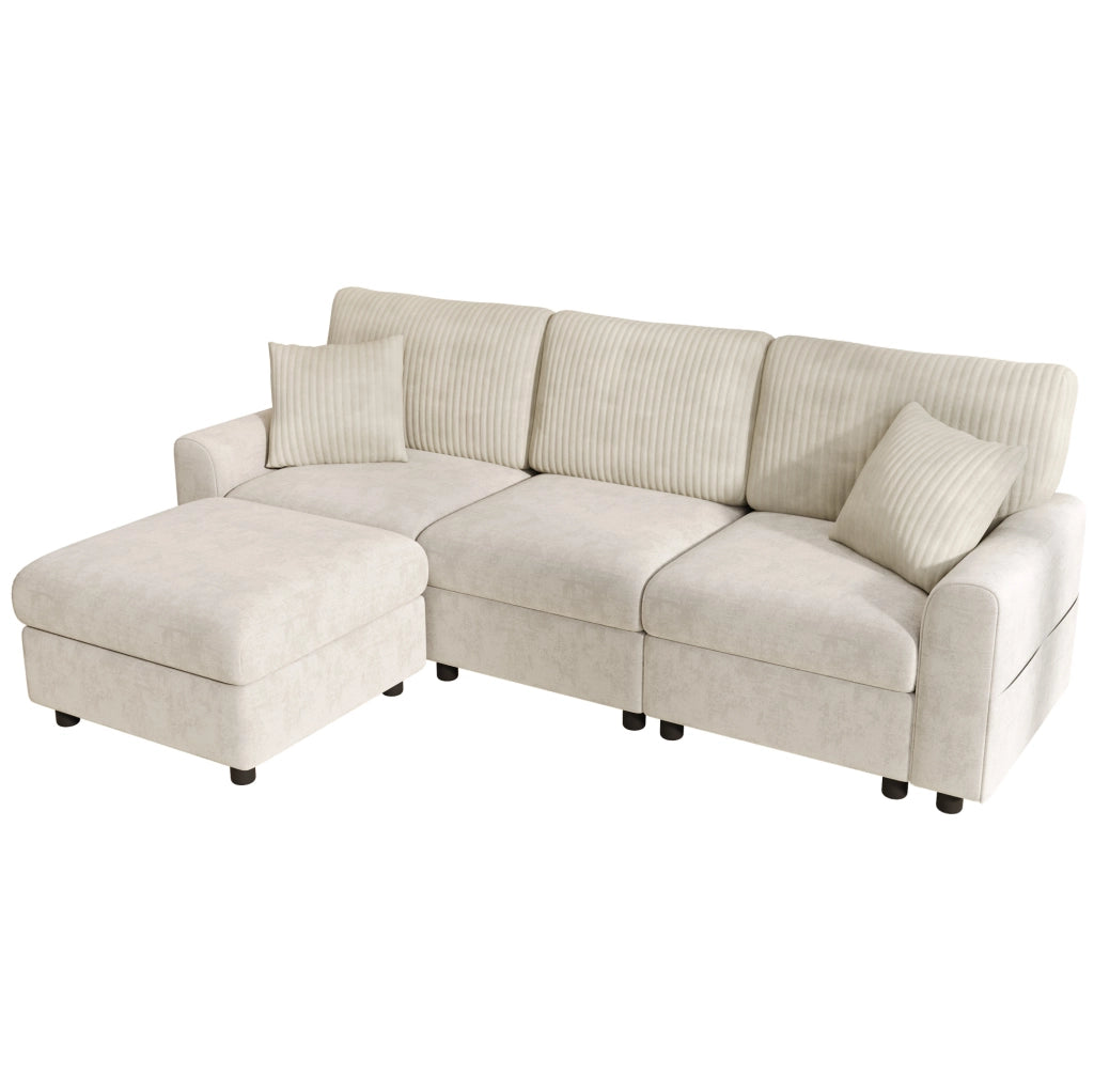 Divano in ciniglia e velluto a coste con poggiapiedi; USB e Type-C; beige; 223×146×84 cm