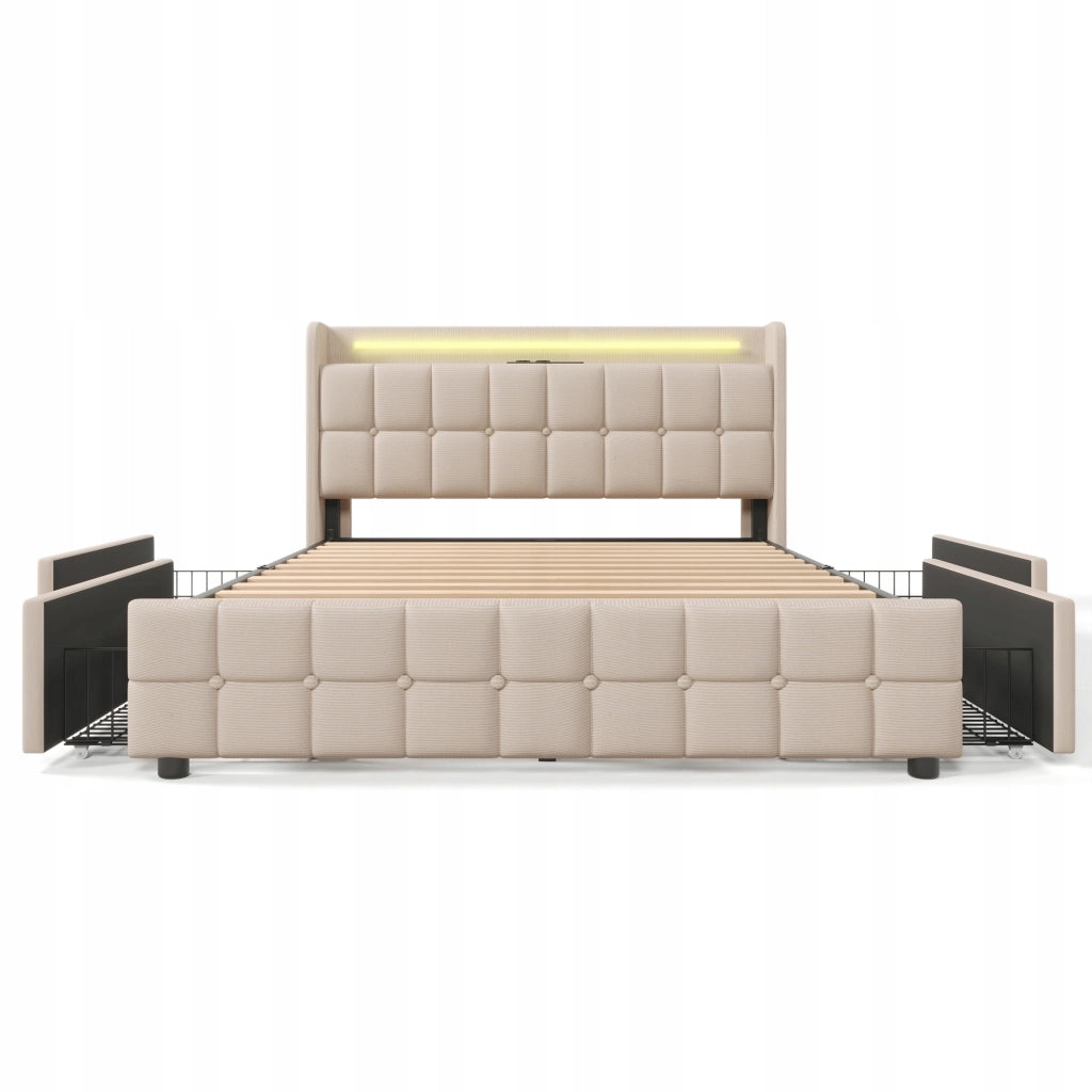 Letto imbottito 140x200 - Xylo - USB, LED, 4 cassetti, colore beige