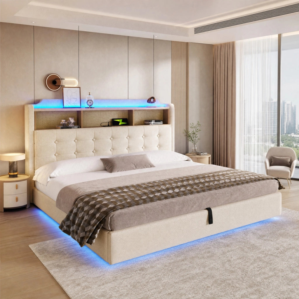 Letto imbottito 180x200 cm in lino beige con LED; contenitore idraulico; USB e Type-C