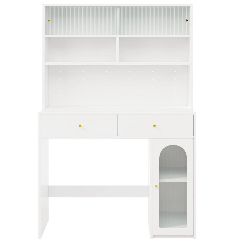 Credenza cucina multifunzionale con piano di lavoro, ante in vetro, cassetti e ganci, bianco