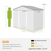 Casetta da Giardino in Metallo con Prese d'Aria e Doppia Porta Scorrevole, 2.1x1.3m, Marrone