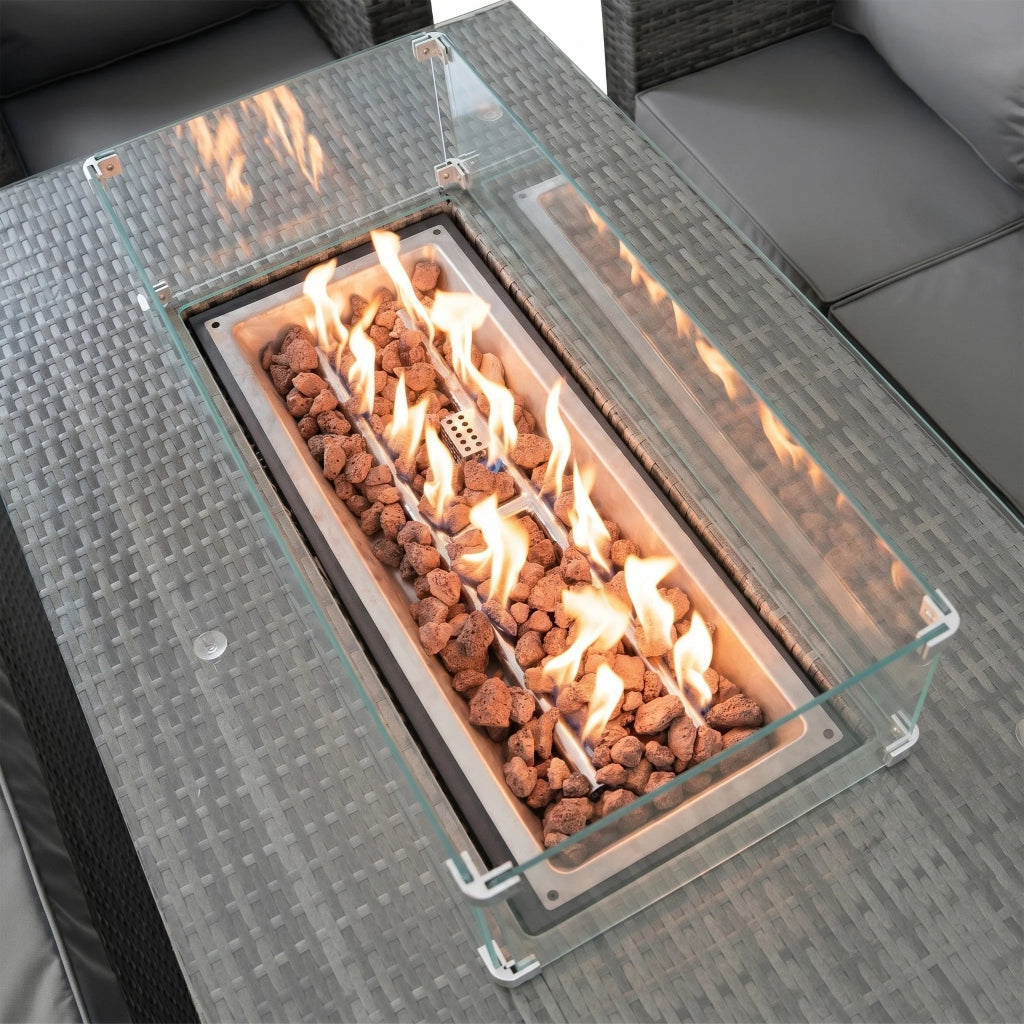 Set Giardino Rattan 11 Posti Grigio Divani Sgabelli Tavolo Firepit