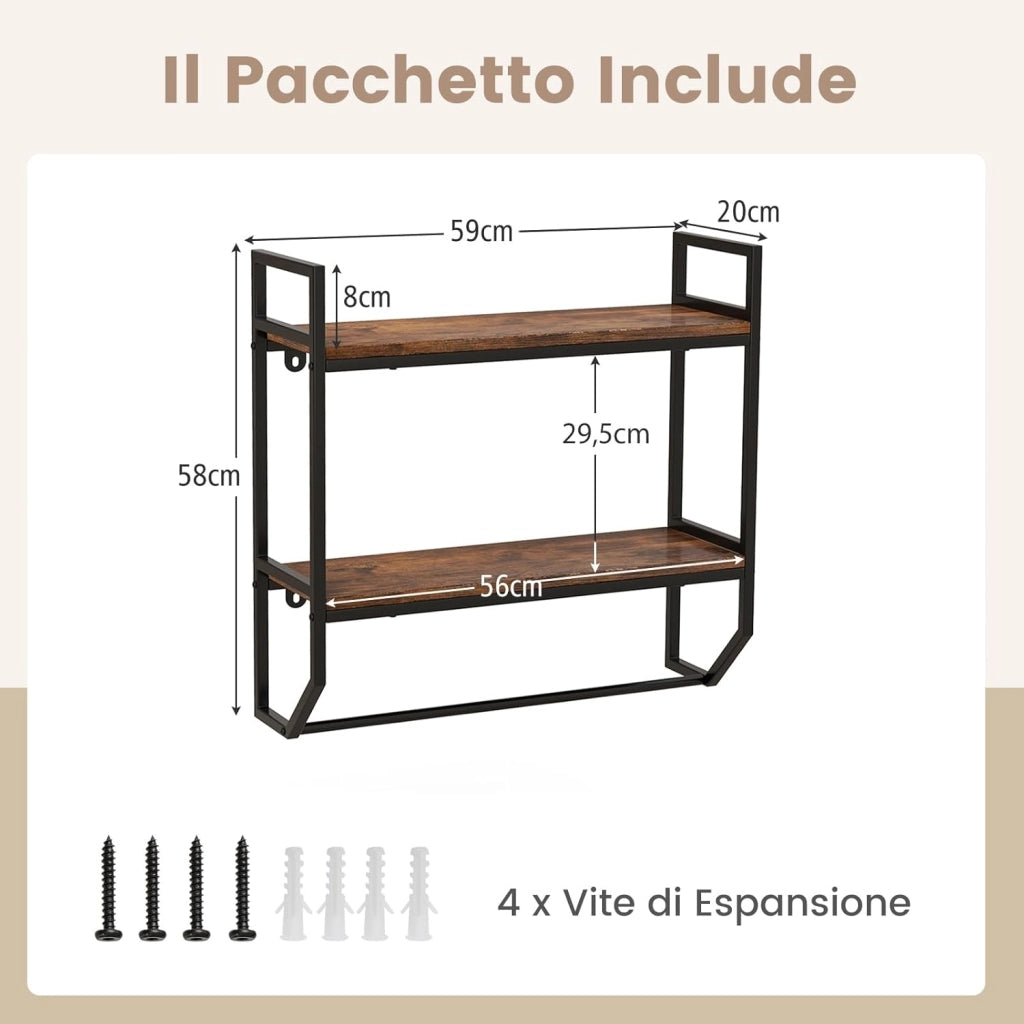 Scaffale a Muro 2 Livelli, Mensole a Parete con Barra Porta Asciugamani e Telaio in Metallo, Scaffale da Parete per Bagno Soggiorno Cucina, Stile Industriale, 59x20x58 cm