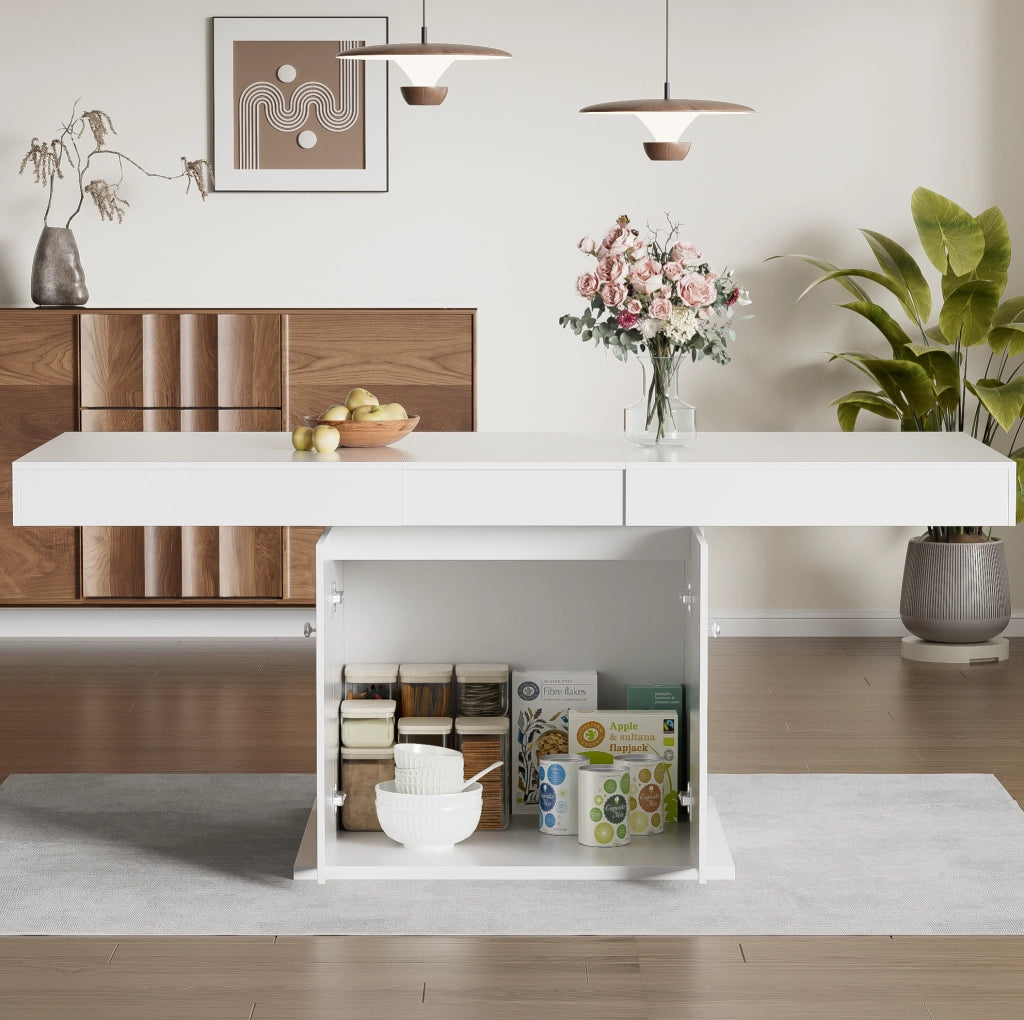 Tavolo da pranzo allungabile 140/180 cm con vano contenitore; pannello truciolare bianco