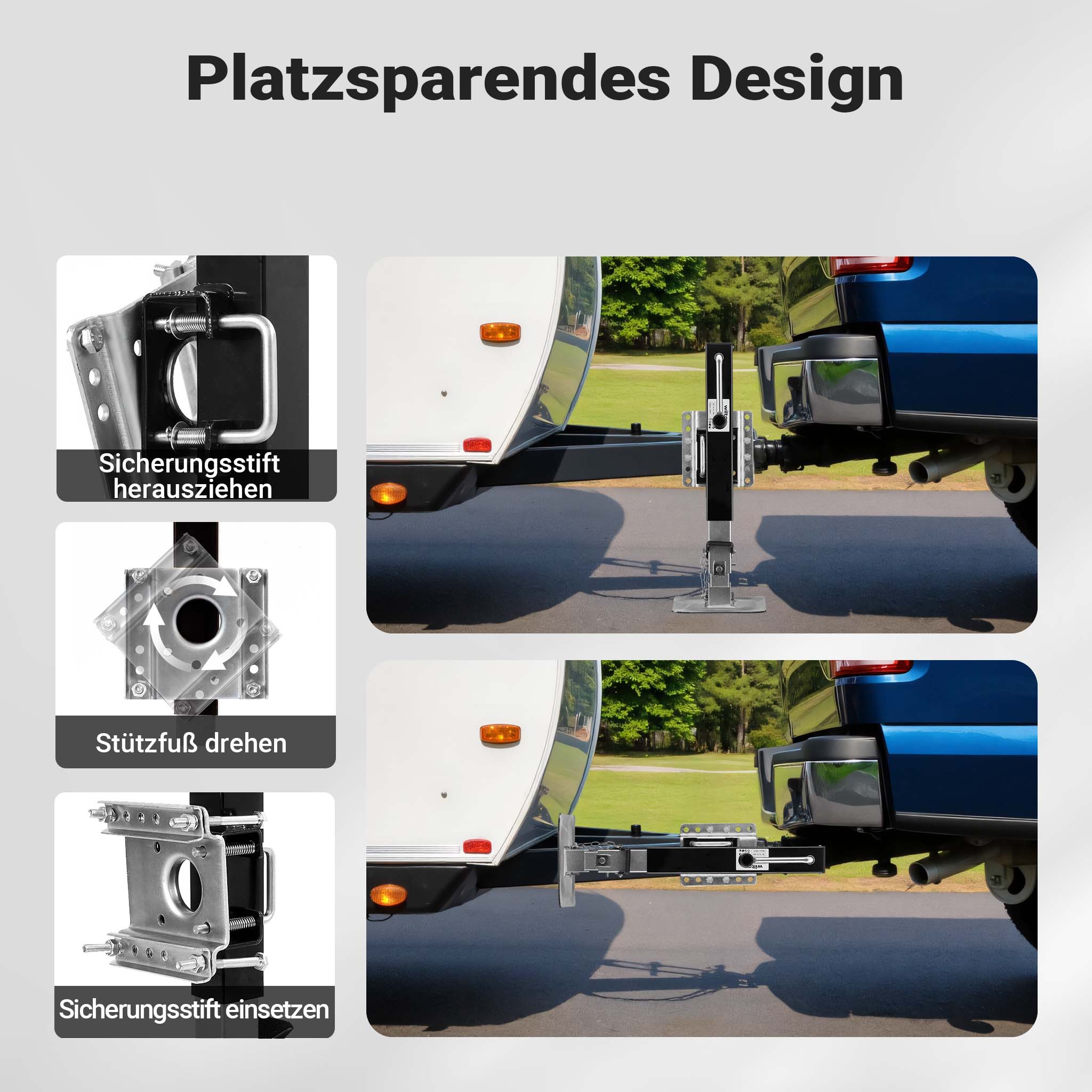 Piede stabilizzatore per rimorchi roulotte, max 900 kg, regolabile in altezza con manovella, con pedale e perno di sicurezza