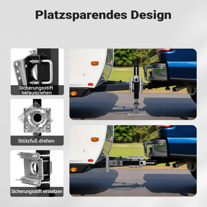 Piede stabilizzatore per rimorchi roulotte, max 900 kg, regolabile in altezza con manovella, con pedale e perno di sicurezza