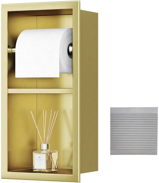 Incorporata toilette in alluminio, toilette in alluminio con doppia superficie, spazio di stoccaggio, installazione a parete, doppia finitura, 34 x 18 cm, finitura dorata.