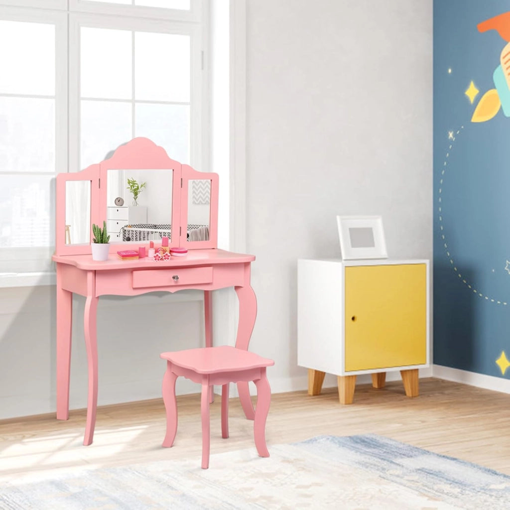 2-in-1 Toeletta Trucco Bambina, Tavolo da Trucco per Bambini con 3 Specchio e Sgabello, Postazione Trucco con 1 Cassetto, 3-7 Anni (Rosa)