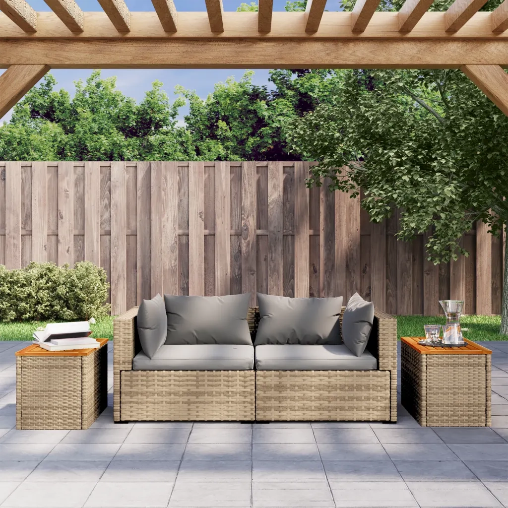 Tavolini Giardino 2 pz | Tavolino da esterno Beige 55x34x37 Polyrattan Legno Massello