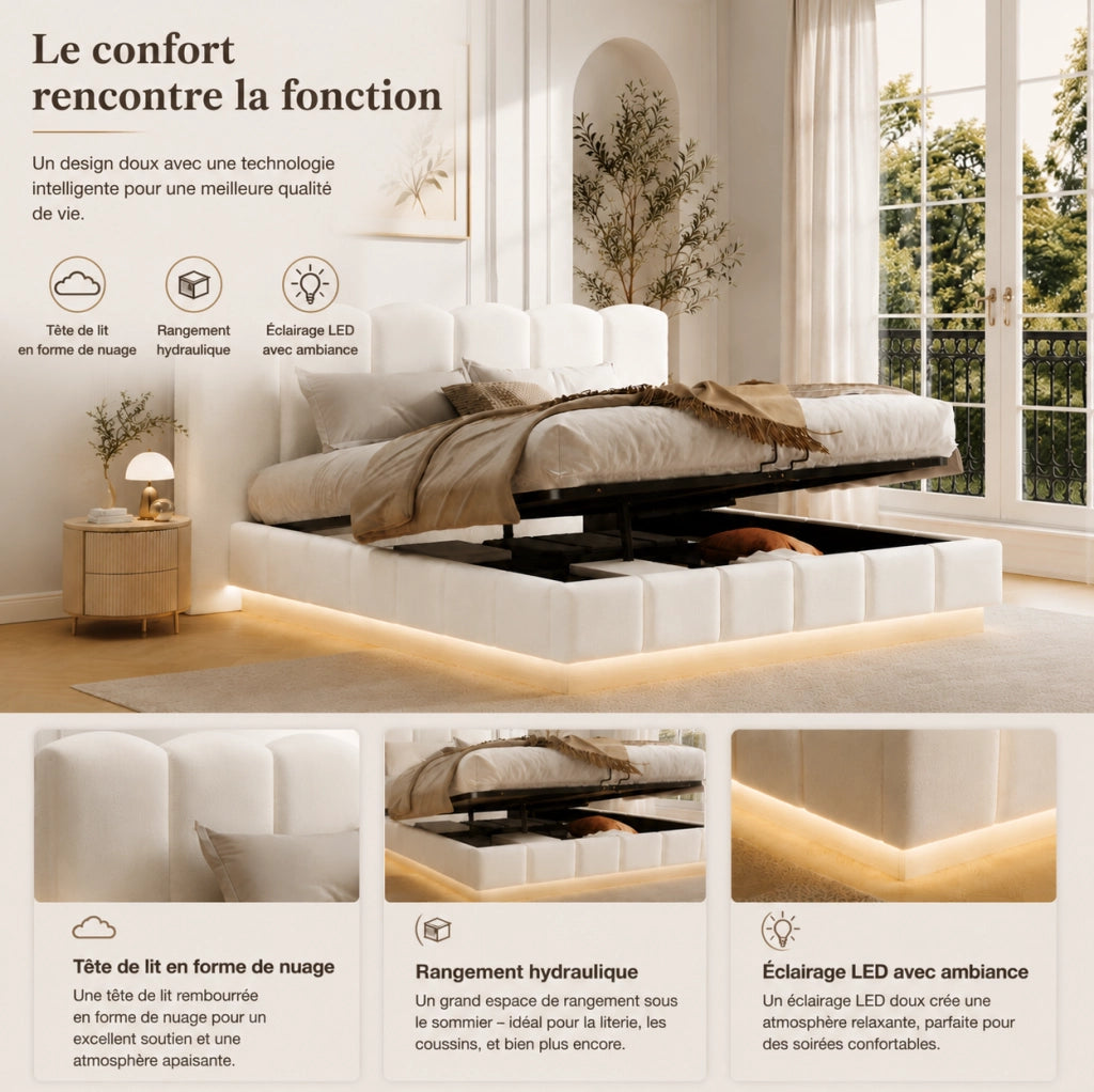 Letto matrimoniale con contenitore 180x200 cm; testiera imbottita in bouclé bianco con LED