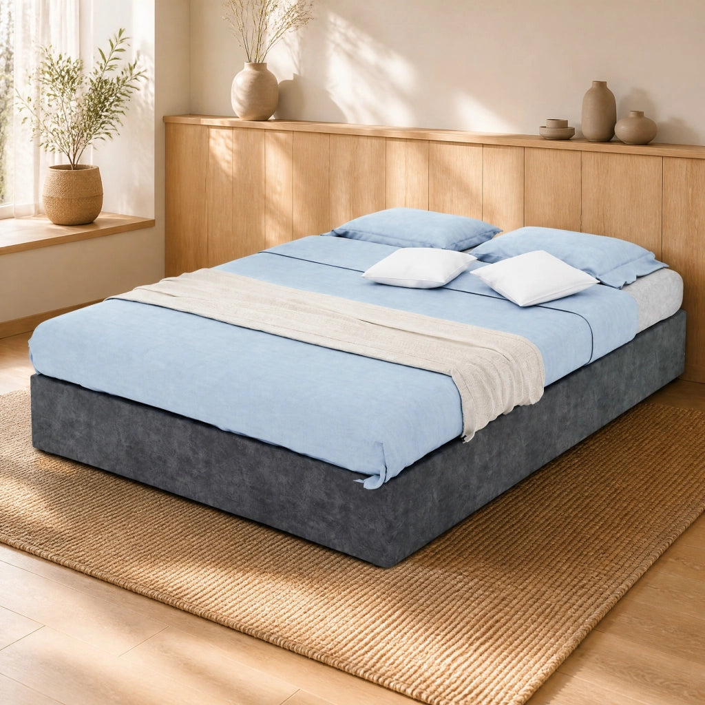 Letto imbottito 140 x 200 cm con contenitore a sollevamento pneumatico; grigio