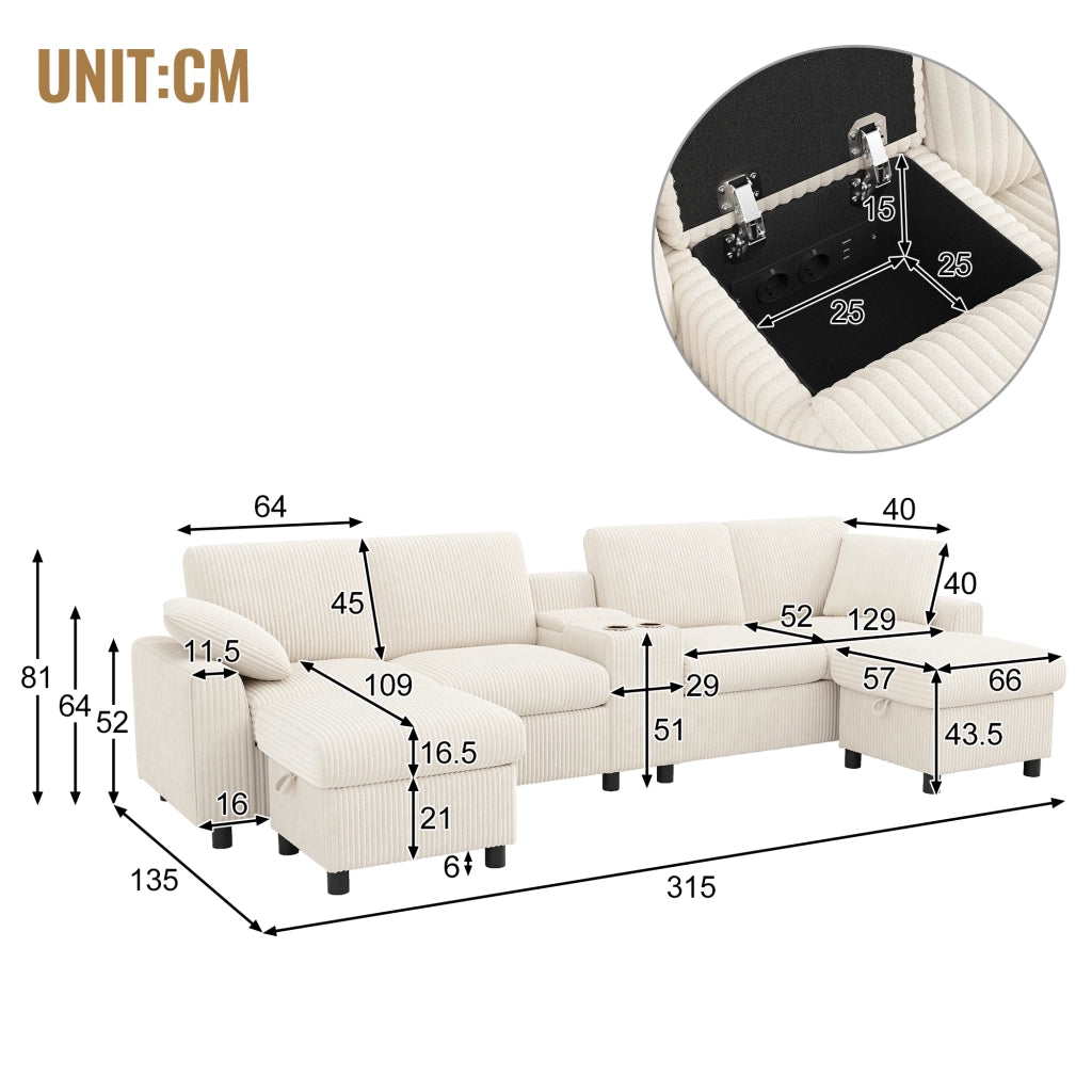 Divano U in tessuto boucl¨¦ beige con 2 pouf contenitore, tavolino laterale, porte USB e prese di corrente, 315¡Á135¡Á81 cm