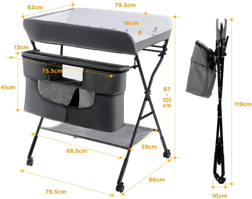 Fasciatoio Pieghevole Portatile, Bagnetto Cambio Pannolini per Bambini Neonati, con Ruote e Vaschetta, Altezza Regolabile 79.5x66x97-101 cm (Grigio)