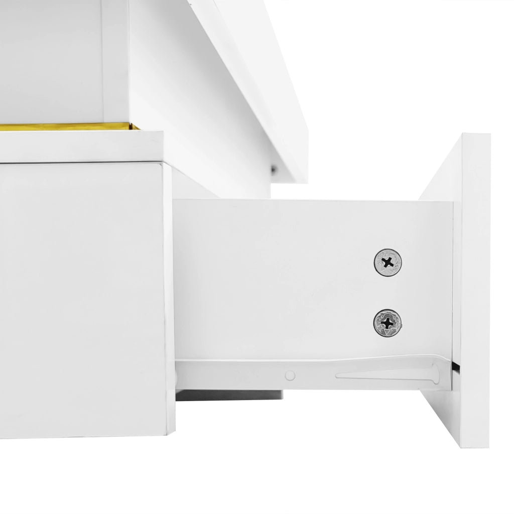 Tavolino da Salotto con 2 Cassetti e Dettagli Dorati; Finitura Lucida; Stile Moderno; in Pannello Truciolare; Bianco