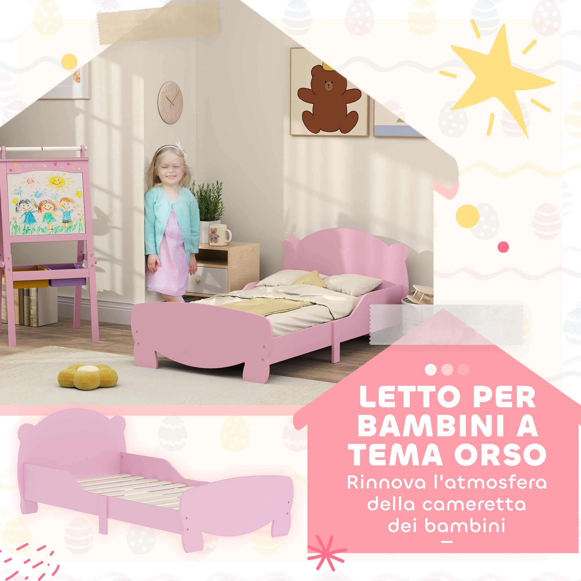 Struttura Letto Singolo per Bambini Orso 143,5x80x55 cm con Sponde Laterali in Legno Rosa