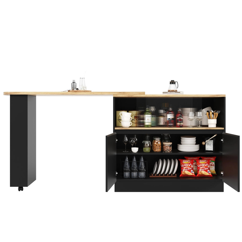 Mobile Bar Girevole a 360° con Ripiani Aperti e Anta Scorrevole in Vetro per Cucina e Sala da Pranzo in MDF Nero