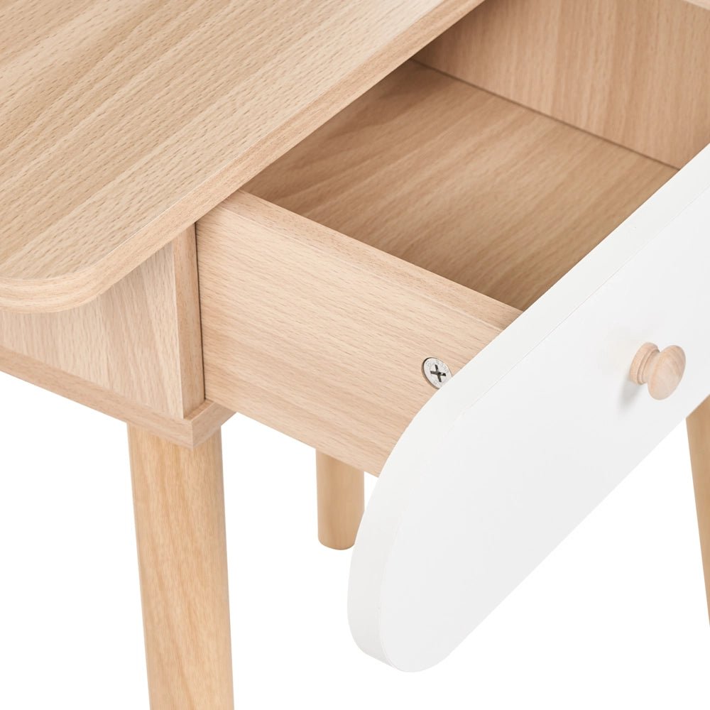 Toeletta in MDF bianco con specchio rotondo, 2 cassetti finitura decorativa effetto legno design scandinavo camera da letto