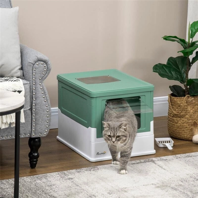 LETTIERA PER GATTI CHIUSA CON PALETTA, VASSOIO ESTRAIBILE E 2 PORTE, 47.5X35.5X36.7CM, VERDE