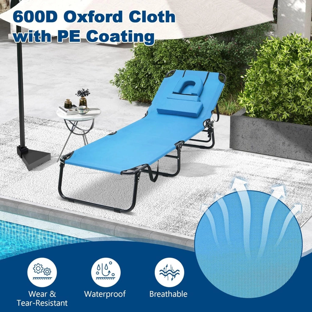 Lettino Prendisole Pieghevole con 3 Poggiatesta Removibili e Foro per il Viso, Sedia a Sdraio da Giardino Regolabile a 5 Livelli, Lettino da Spiaggia, Piscina, Portato 160kg (Blu)