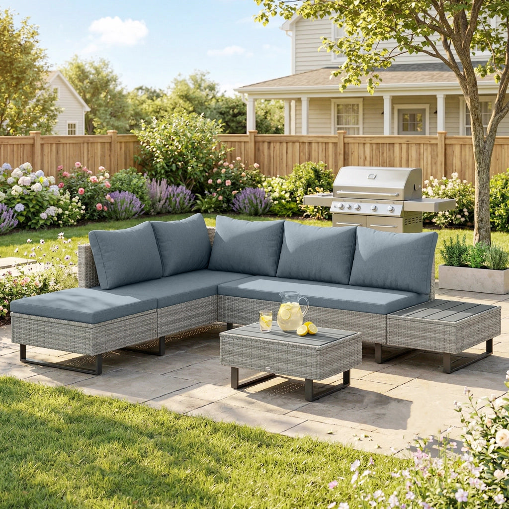 Set da giardino angolare in polyrattan 5 posti con divano letto e tavolo ¨C zephmum ¨C grigio
