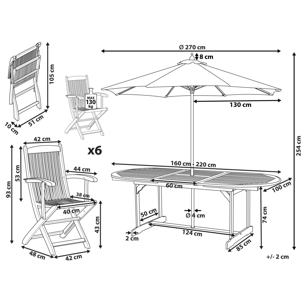 Set da pranzo per esterni in legno di acacia chiaro tavolo da 6 posti con ombrellone sedie pieghevoli design rustico