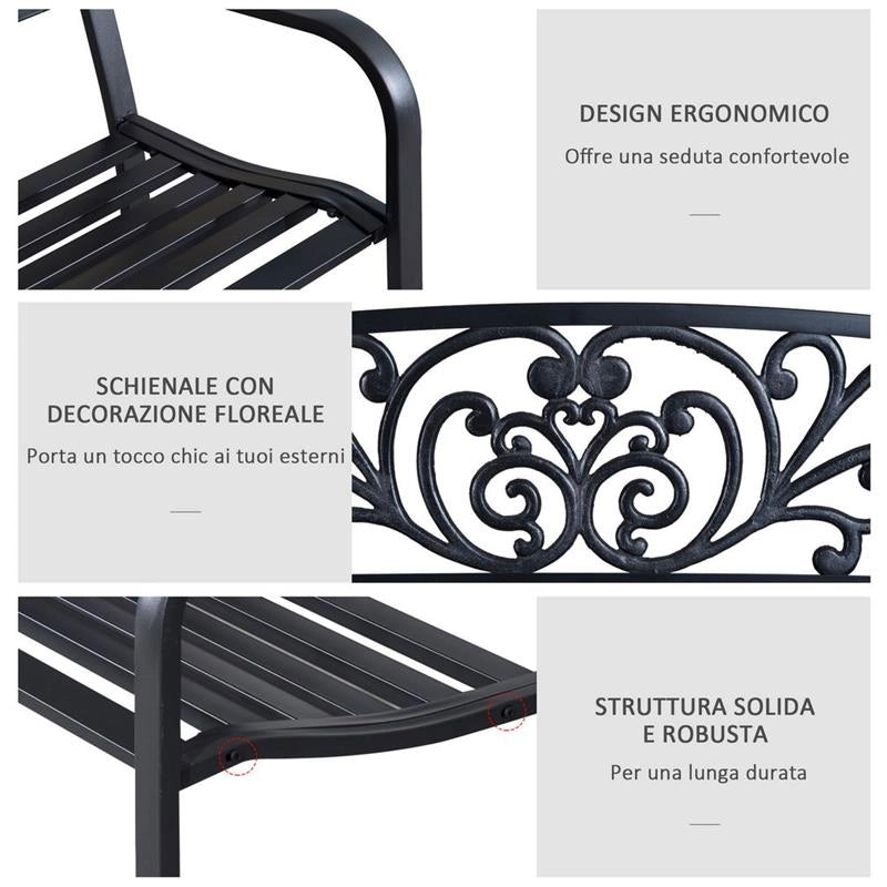 PANCHINA DA GIARDINO CON SCHIENALE DECORATO 127 X 60 X 87 CM METALLO NERO