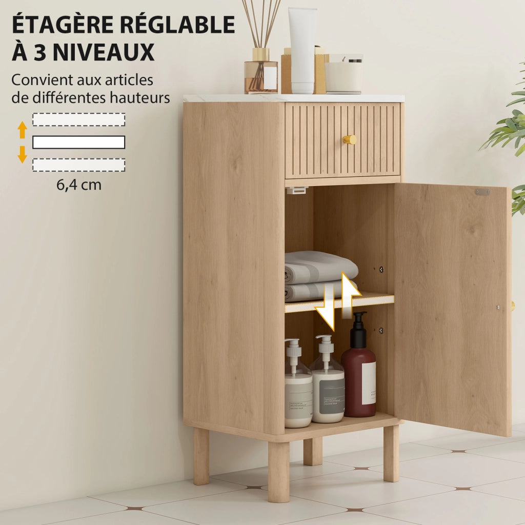 Mobiletto Bagno con Piano Effetto Marmo e Anta Scanalata ¨C Zephmum ¨C 36x30x80 cm Quercia