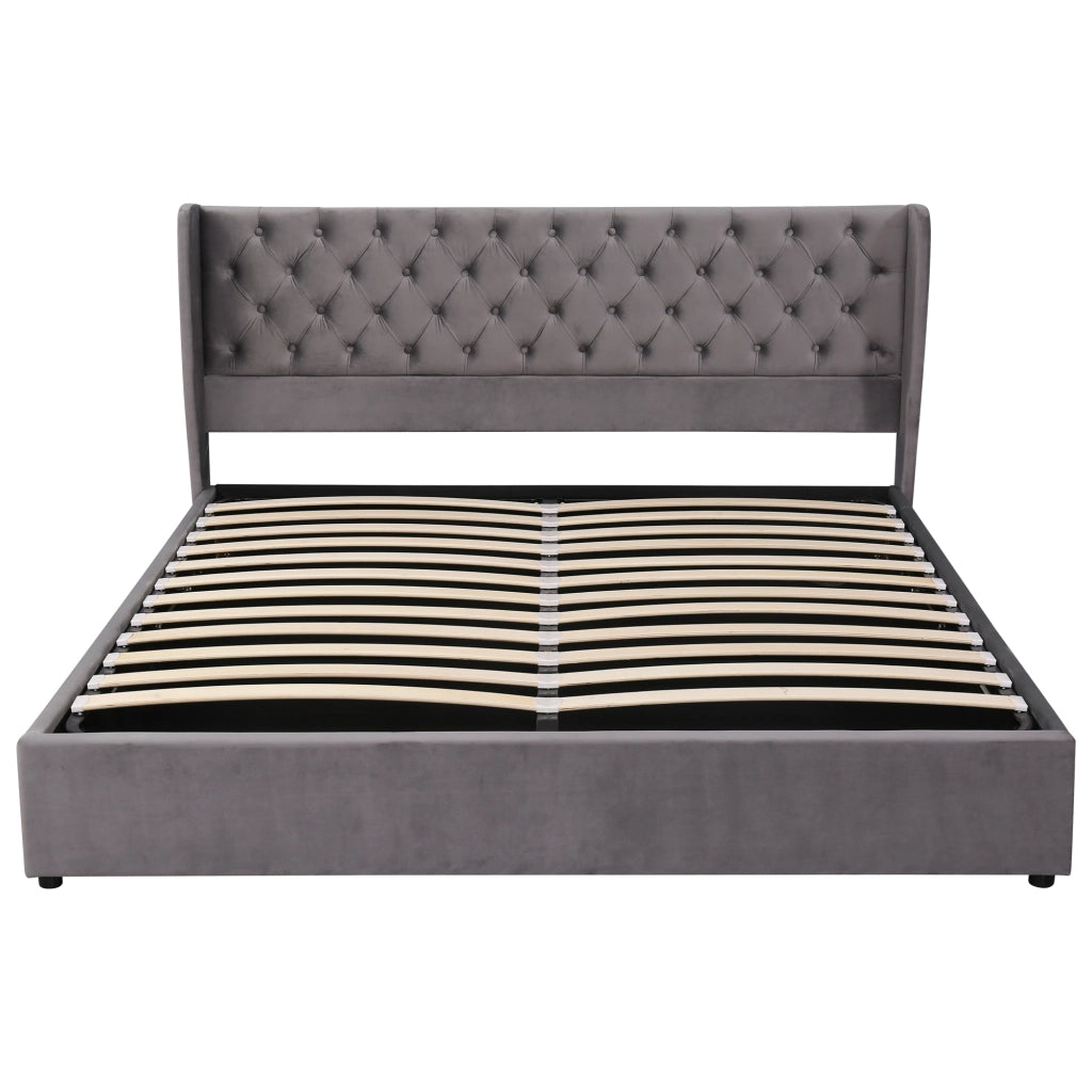 Letto matrimoniale 180x200 in velluto grigio con contenitore idraulico, rete a doghe, testiera imbottita stile Chesterfield