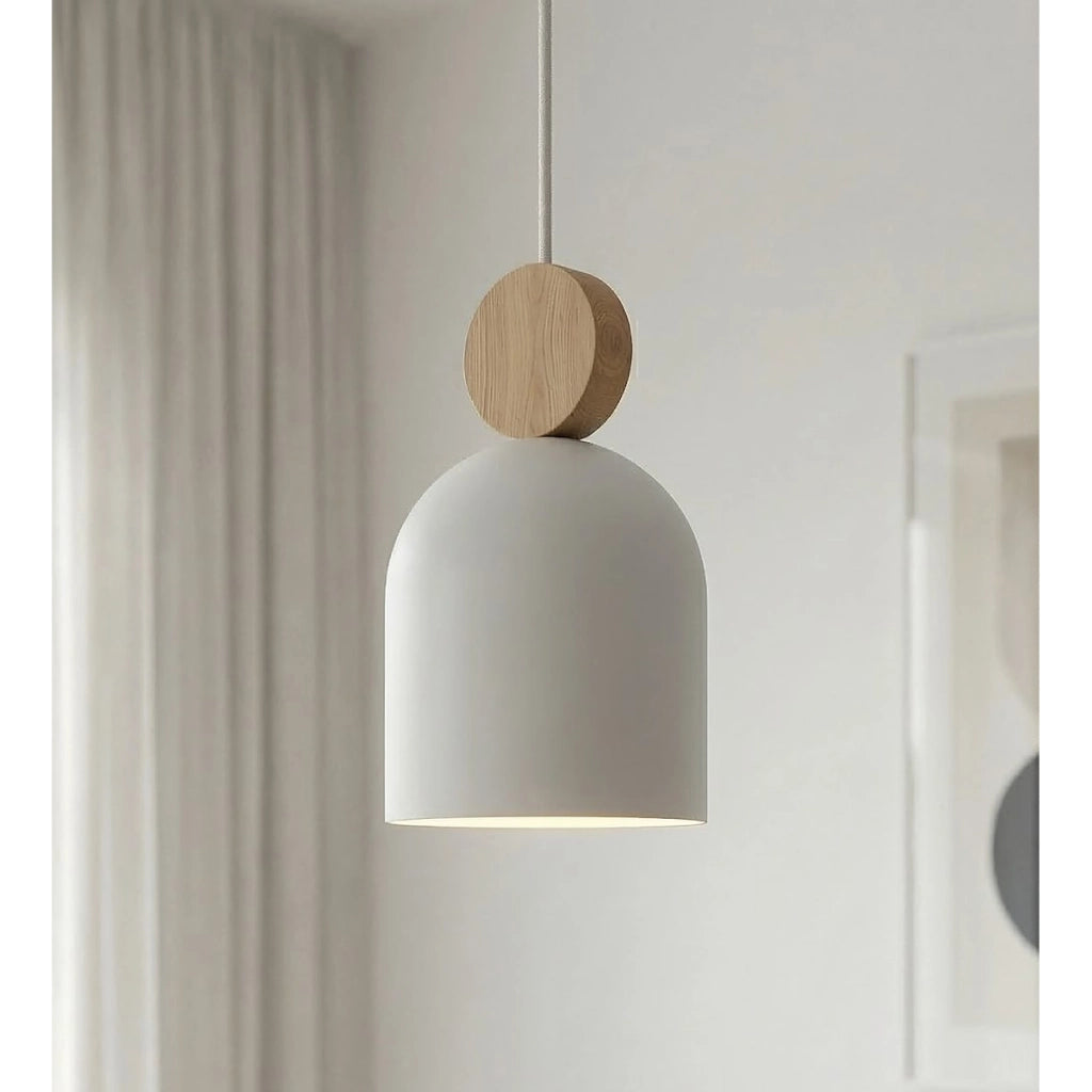 Lampada a sospensione Mesi in acciaio bianco opaco e legno