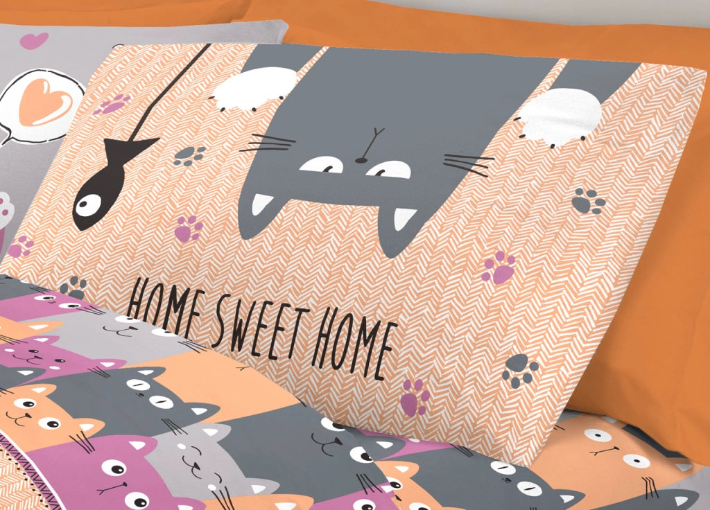 Completo Lenzuola Letto Pensieri Delicati 100% Cotone Disegno Happy Cat - Singolo - Arancio