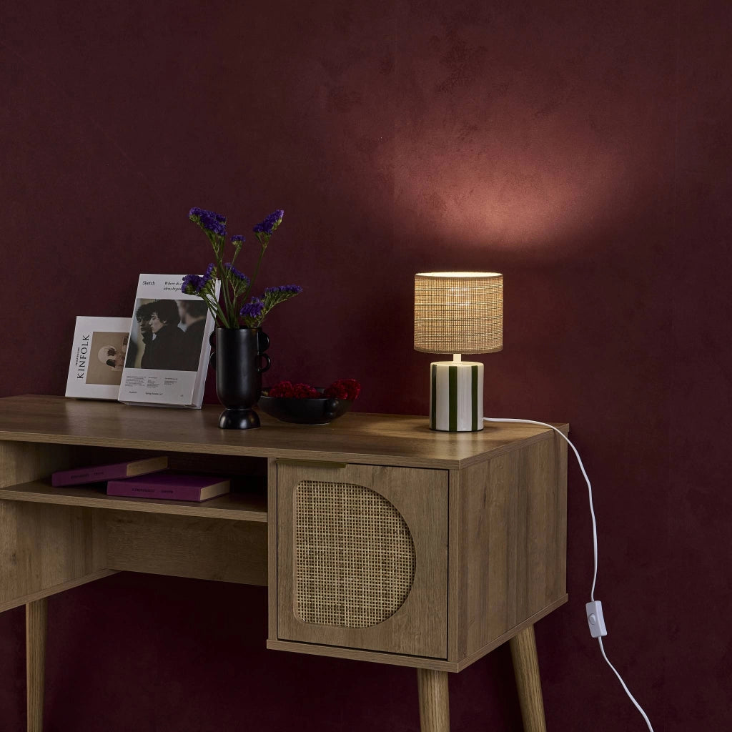 Lampada da tavolo interno ceramica paralume effetto rattan, 28cm,