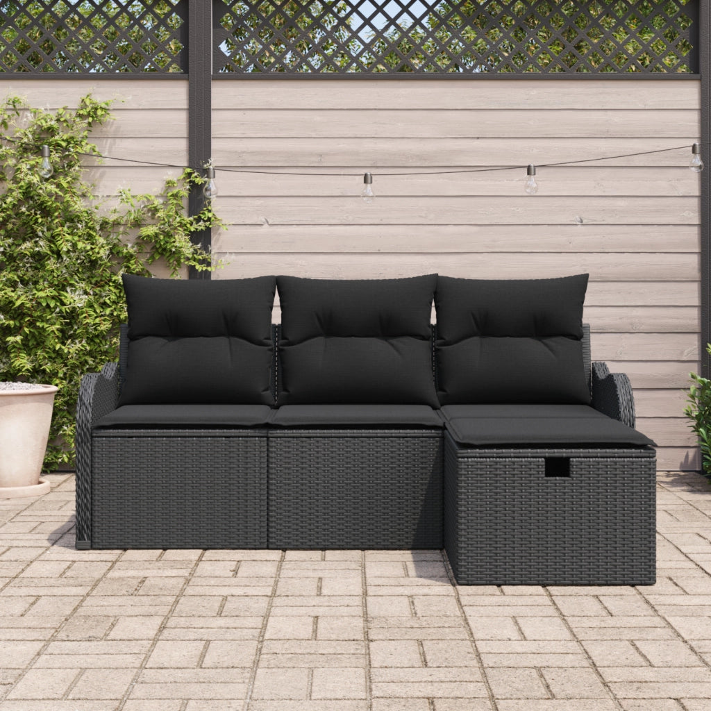 Set Divano da Giardino 4 Pezzi con Cuscini Rattan Polietilene Nero