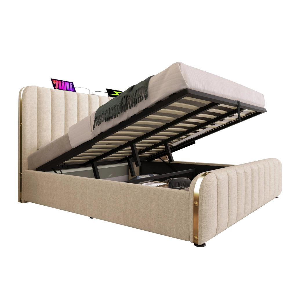Letto matrimoniale in lino beige 180x200 strisce dorate USB Type-C sollevamento idraulico