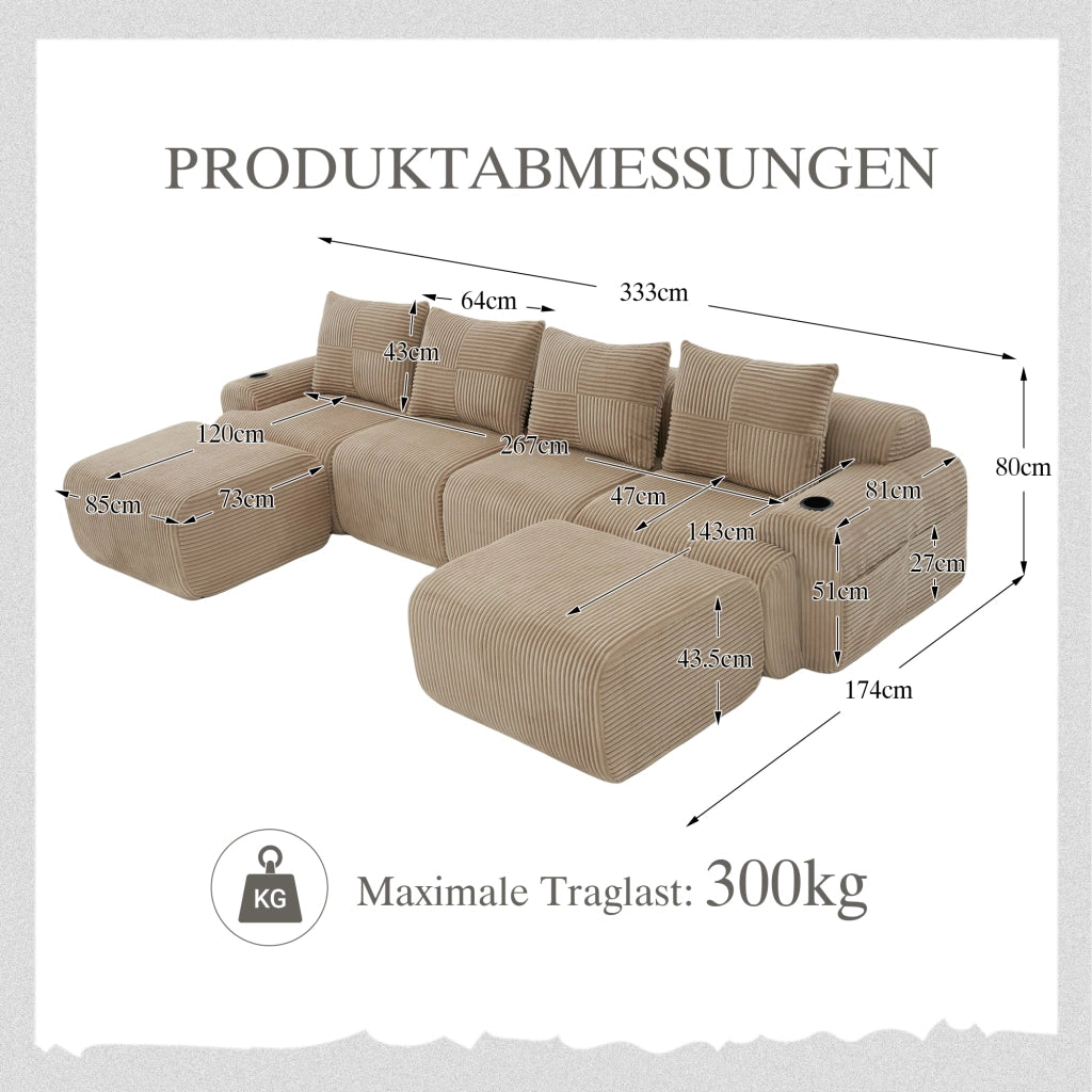 Divano Modulare 4 Posti con Poggiapiedi ¨C MINIMAL ¨C Tessuto, Beige/Khaki, con Portabicchieri