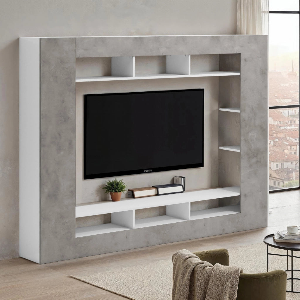 Mobile Soggiorno Sadali, Parete Attrezzata 7 Ripiani Made in Italy, 216x30.4x158.6h cm Grigio Cemento