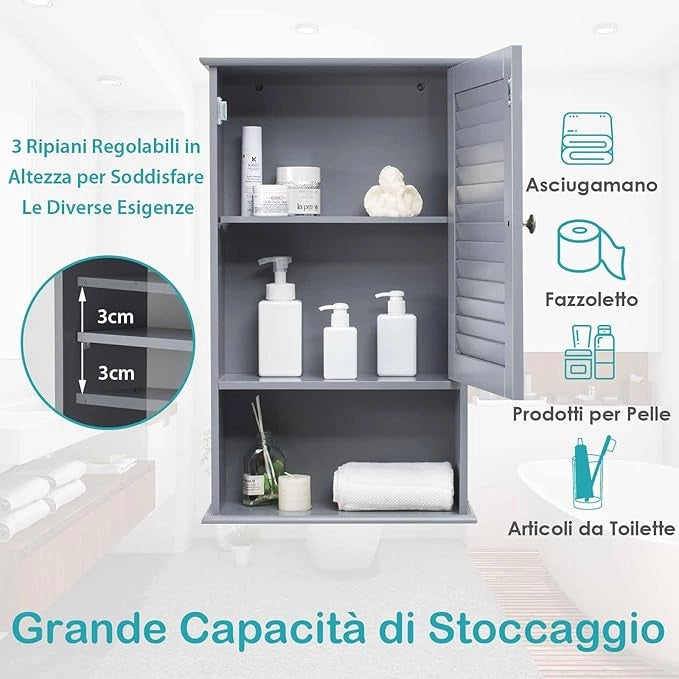 Armadio del Bagno Montato a Muro, Mensola Interna Regolabile, Struttura in MDF di QualitÃ , Pratico e Salva Spazio, Design Unico (Grigio)