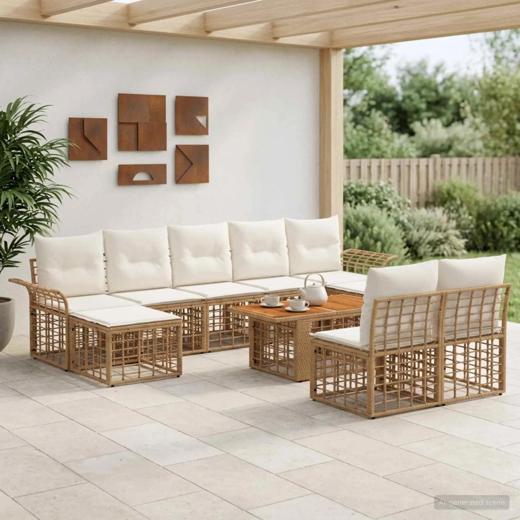 Set Divano da Giardino 10 pz Naturale e Bianco Crema polyrattan 3438014