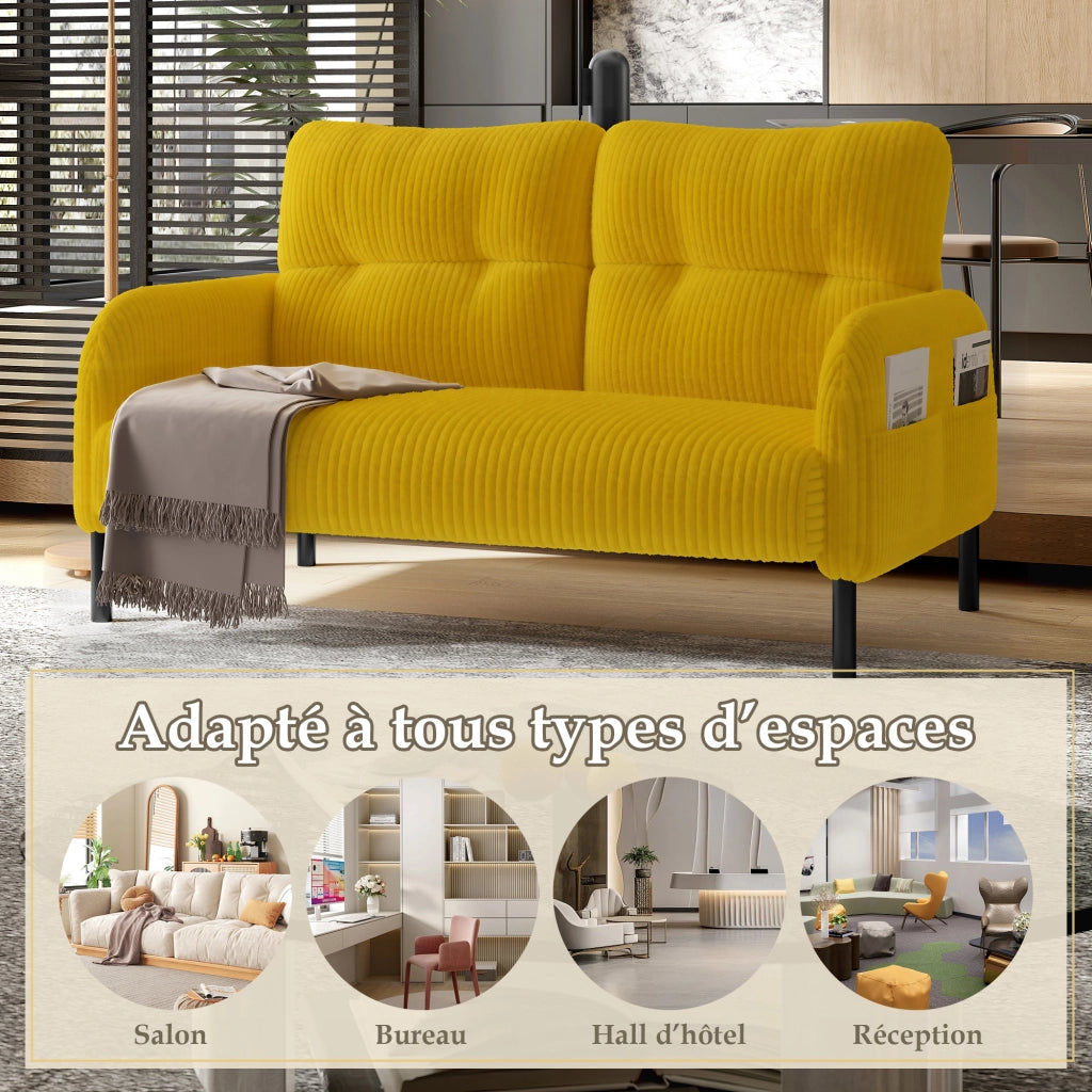 OKWISH Divano 2 Posti, Schienale Ergonomico, Tasca Laterale e Seduta Profonda, Velluto a Coste Giallo, 120 × 75 × 79 cm