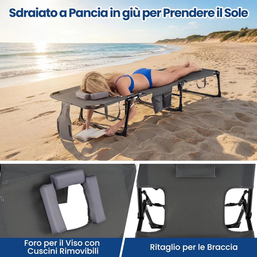 Lettino Prendisole da Spiaggia, Sdraio Mare Pieghevole Portatile con Foro per Viso e Braccia, Cuscino e Tasche Laterali, Schienale Regolabile 4 Posizioni, Portata 150 kg (Grigio)